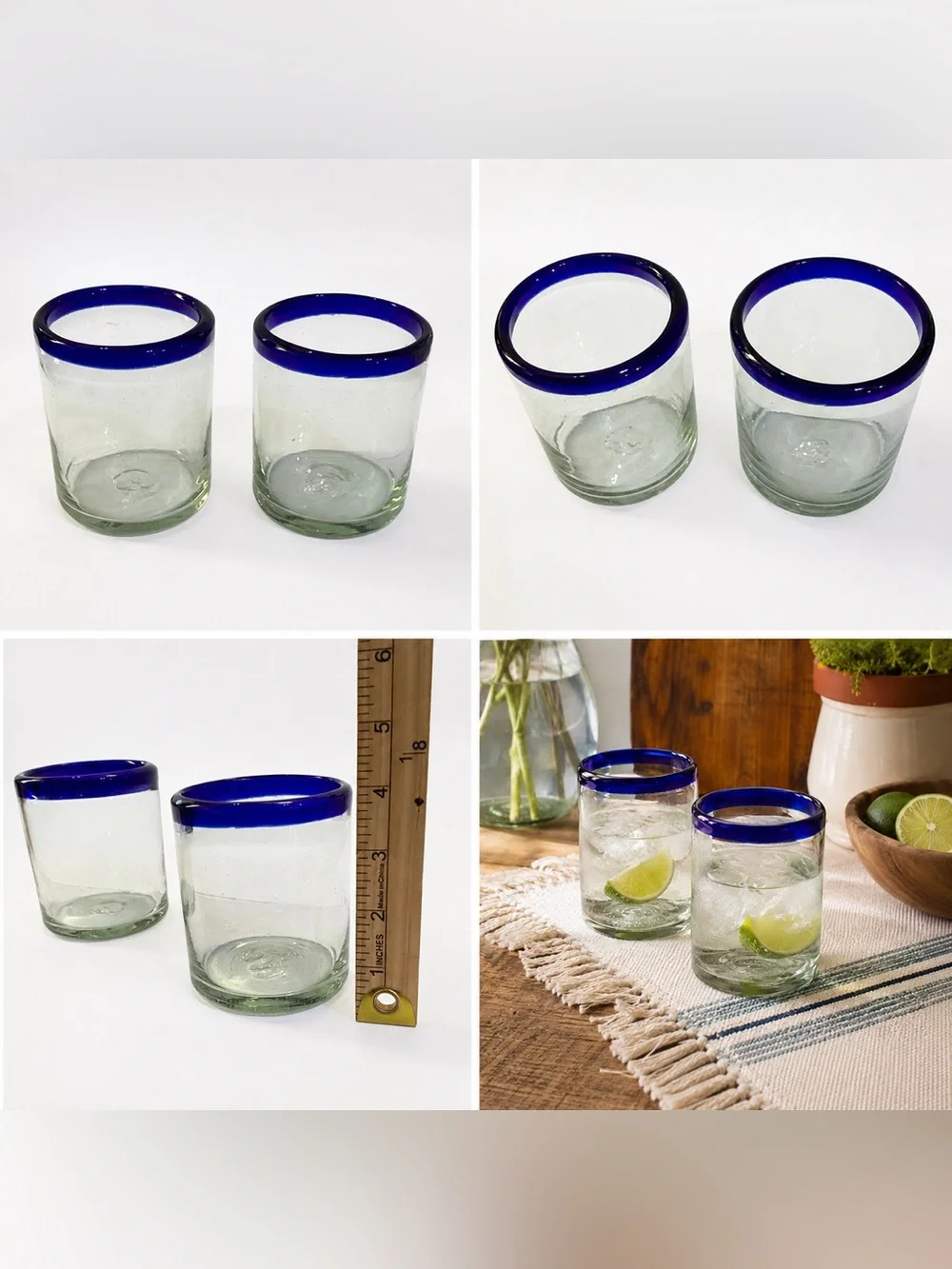 Set of 2 Hand Blown Mexican Glass Tumblers Cobalt Blue Rim Recycled Glass